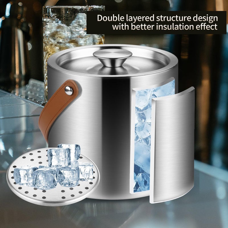 Bakpoco Double-Wall Vacuum Insulated Ice Bucket with Lid, Scoop, Ice Tong, Strainer & Leather Handle Keep Ice Frozen Longer Large Wine Ice Buckets for Cocktail Bar,Parties Chilling Beer Champagne 3L - Image 2