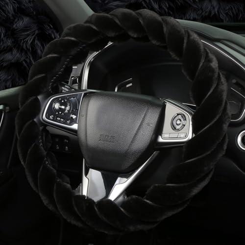 OHHMNKK Fluffy Car Steering Wheel Cover Luxury 14515 AntiSlip Round Fuzzy Twisted Fur Cute Steering Wheel Protector Soft Warm Plush Steering Wheel Cover for Women Girls Car Auto Accessories Black - Image 1