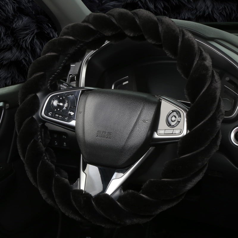 OHHMNKK Fluffy Car Steering Wheel Cover Luxury 14515 AntiSlip Round Fuzzy Twisted Fur Cute Steering Wheel Protector Soft Warm Plush Steering Wheel Cover for Women Girls Car Auto Accessories Black - Image 3