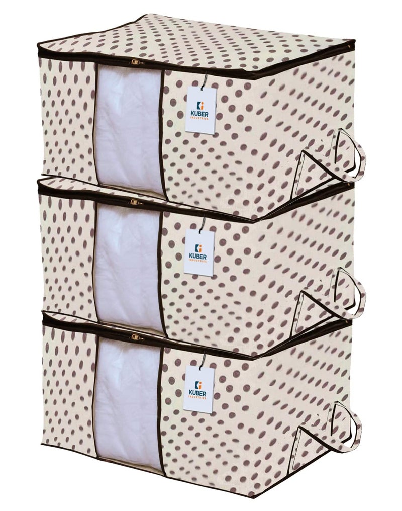 Kuber Industries Polka Dots Underbed Storage BagNonWoven Comforter Blanket CoverPremium Zipper With Side HandlesMultipurpose Storage OrganiserPack of 3 Black Beige - Image 1