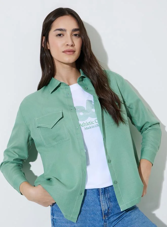ستايلي Green Solid Pocket Details Relaxed Fit Shirt