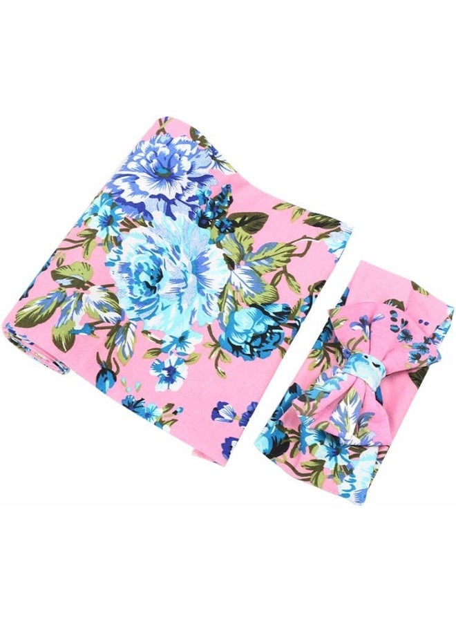 Galabloomer Newborn Receiving Blanket Headband Set Flower Print Baby Swaddle Receiving Blankets Pink Rose - Image 3