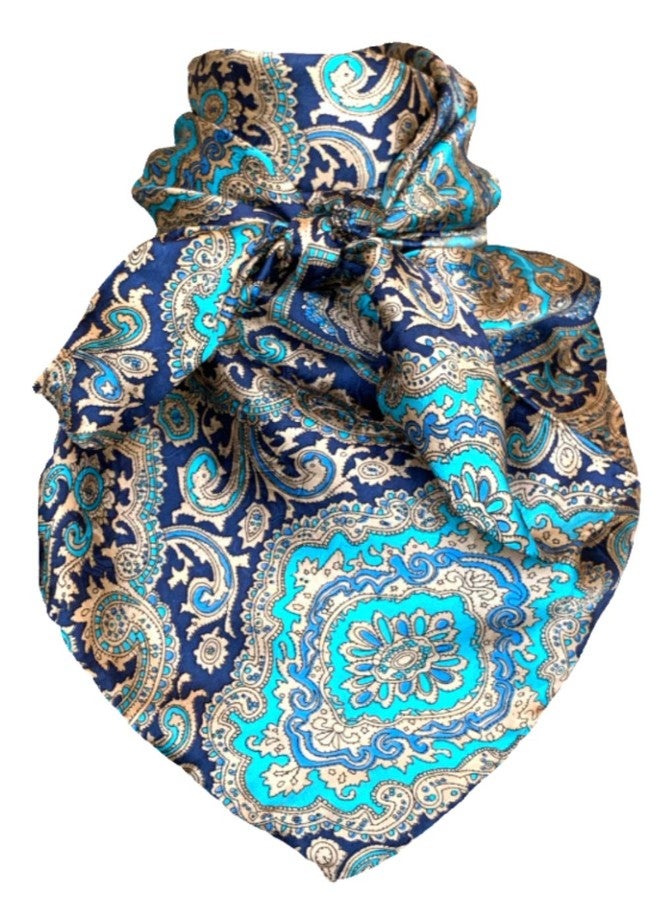 Wyoming Traders Paisley Cowboy Wild Rag 100% Silk Scarf Bandana for Women, Multiple Colors 34.5'', Blue/Gold, 34.5''
