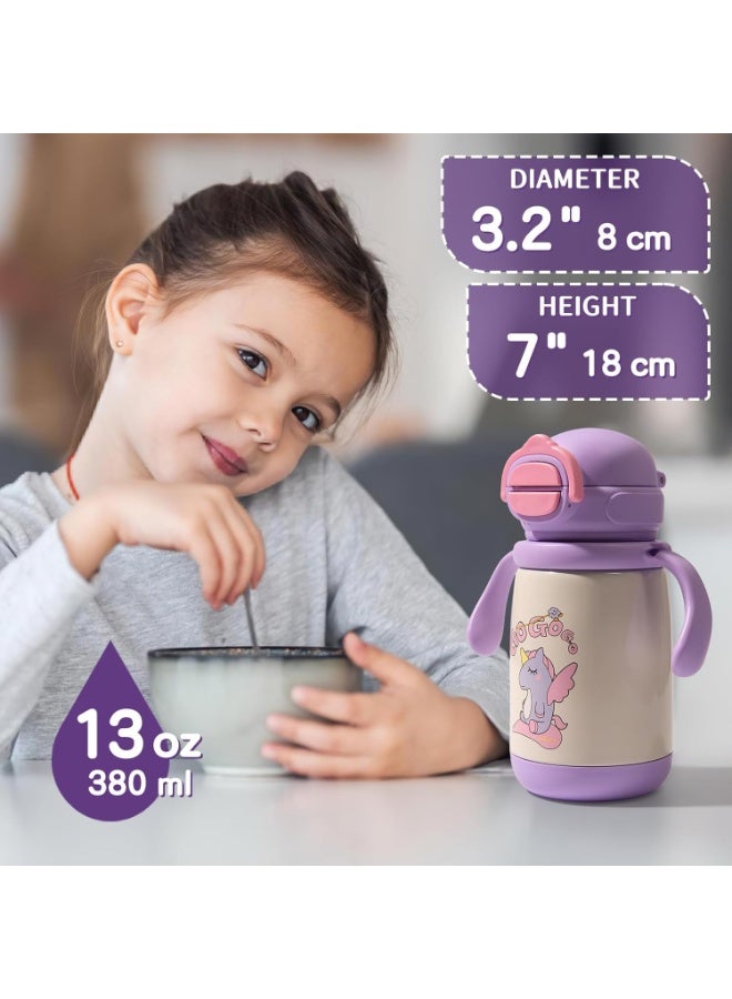 SYOSI Insulated Water Bottle for Kids, 316 Stainless Steel Thermos with 2-in-1 Straw and Spout Lid, Leakproof Toddler Bottle for School, Sports, Travel, Includes Handle and Strap (Purple Unicorn,13oz) - Image 3