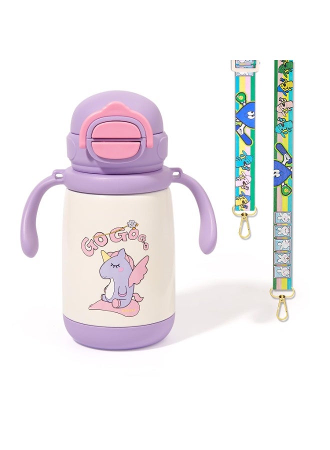 SYOSI Insulated Water Bottle for Kids, 316 Stainless Steel Thermos with 2-in-1 Straw and Spout Lid, Leakproof Toddler Bottle for School, Sports, Travel, Includes Handle and Strap (Purple Unicorn,13oz) - Image 1