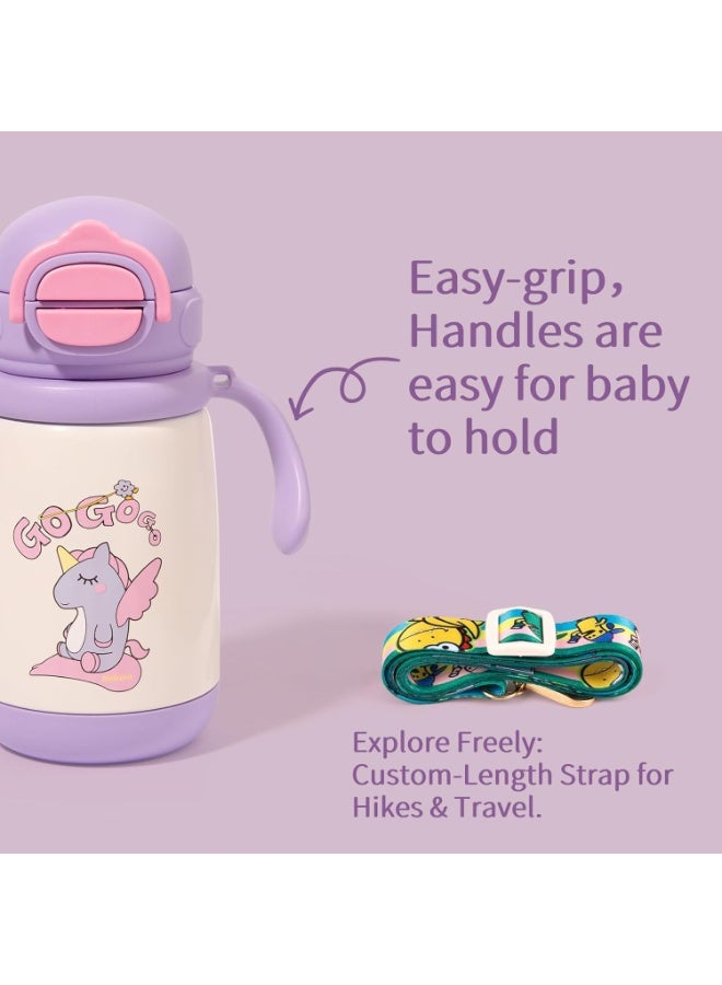 SYOSI Insulated Water Bottle for Kids, 316 Stainless Steel Thermos with 2-in-1 Straw and Spout Lid, Leakproof Toddler Bottle for School, Sports, Travel, Includes Handle and Strap (Purple Unicorn,13oz) - Image 4