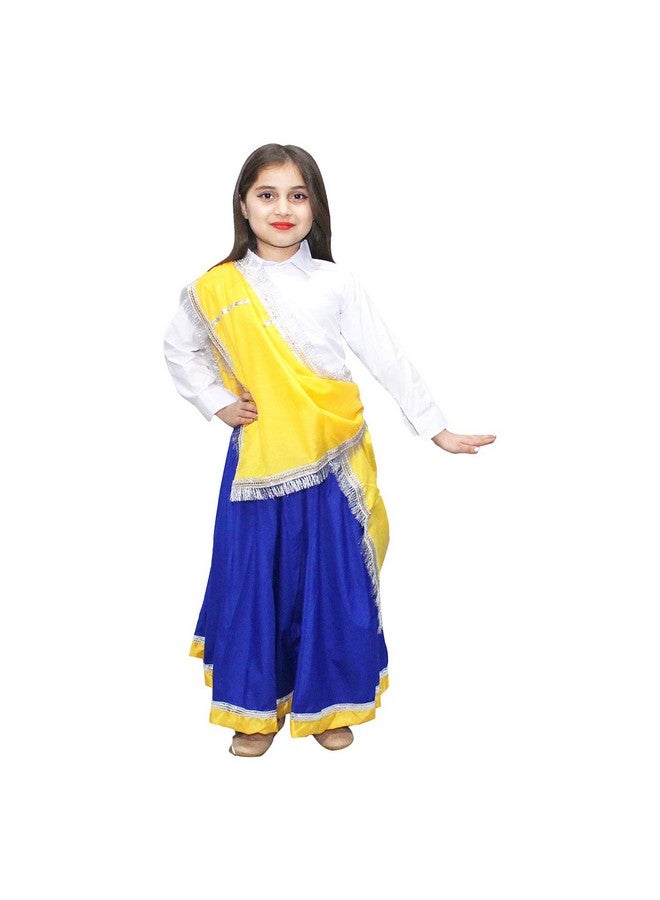 Kaku Fancy Dresses Indian State Haryanvi Dress Costume for Girls, Haryanvi Dance Lehenga Polyester Yellow & Blue, 5-6 Years - Image 1