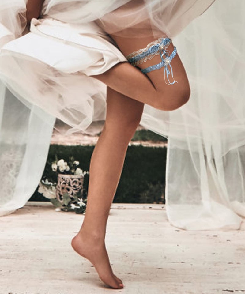 RIMOBUL 2 Pieces Wedding Garters Lace Bridal Garter Faux Pearls Garter for Bride with Toss Away（Light Blue） - Image 5