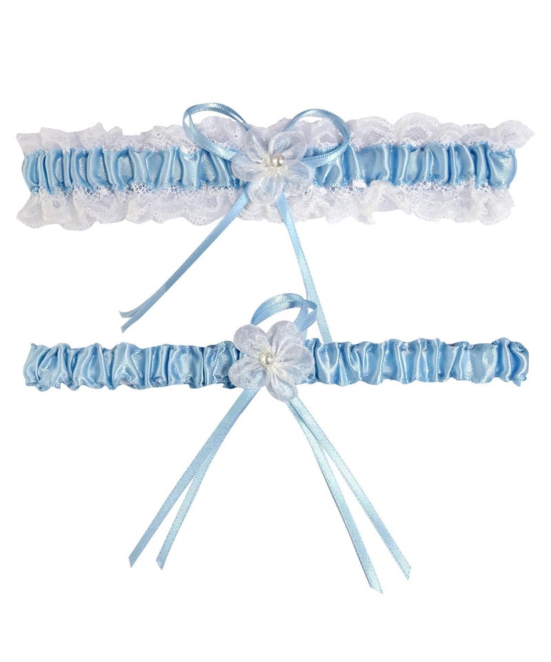 RIMOBUL 2 Pieces Wedding Garters Lace Bridal Garter Faux Pearls Garter for Bride with Toss Away（Light Blue） - Image 1