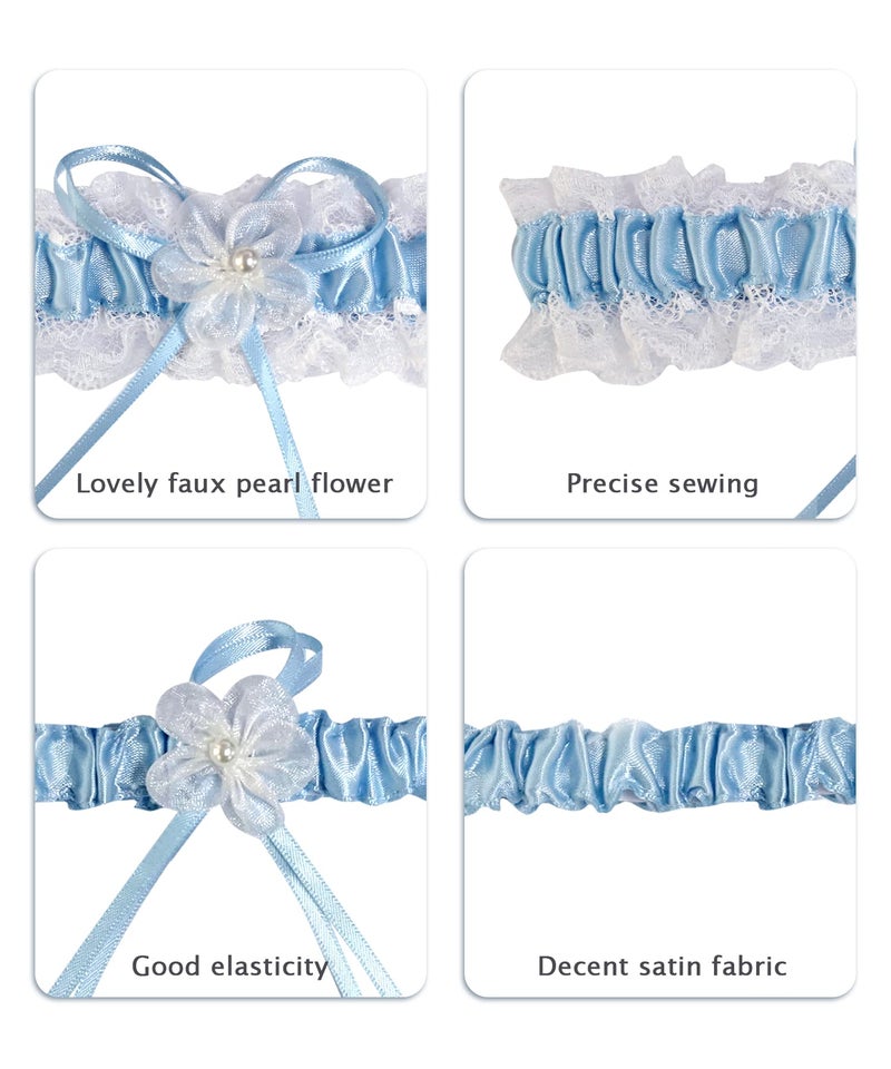 RIMOBUL 2 Pieces Wedding Garters Lace Bridal Garter Faux Pearls Garter for Bride with Toss Away（Light Blue） - Image 3