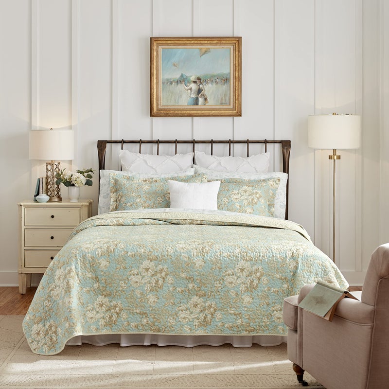 Laura Ashley Home - King Quilt Set, Cotton Reversible Bedding with Matching Shams, Bedroom Decor Ideal for All Seasons (Brompton Green, King) - Image 1
