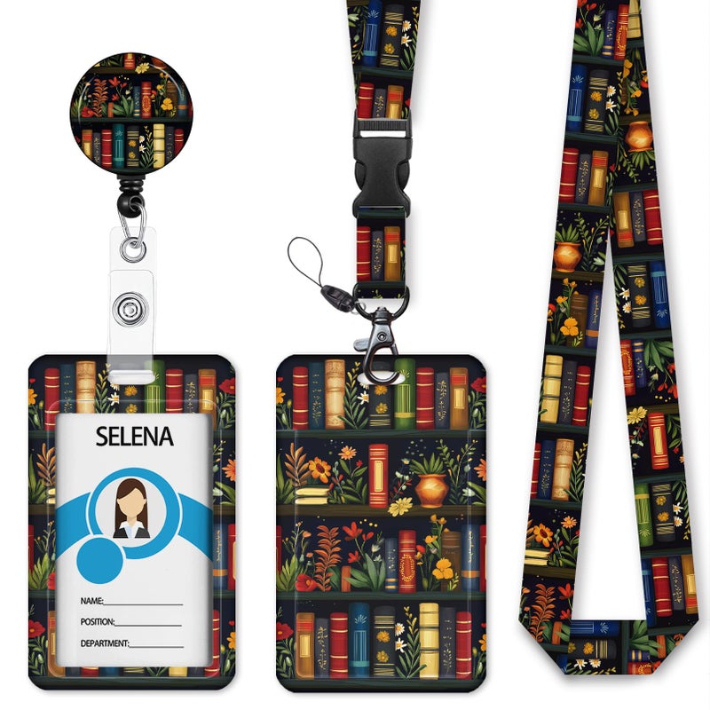 Mcapirivo Floral Bookshelf Lanyards for ID Badges, Badge Holder with Lanyard Detachable, Badge Reel Retractable Keychain Clip, Cruise Ship Cards Holder Protector Name Tags, Teacher Nurse Office Women Gifts - Image 1