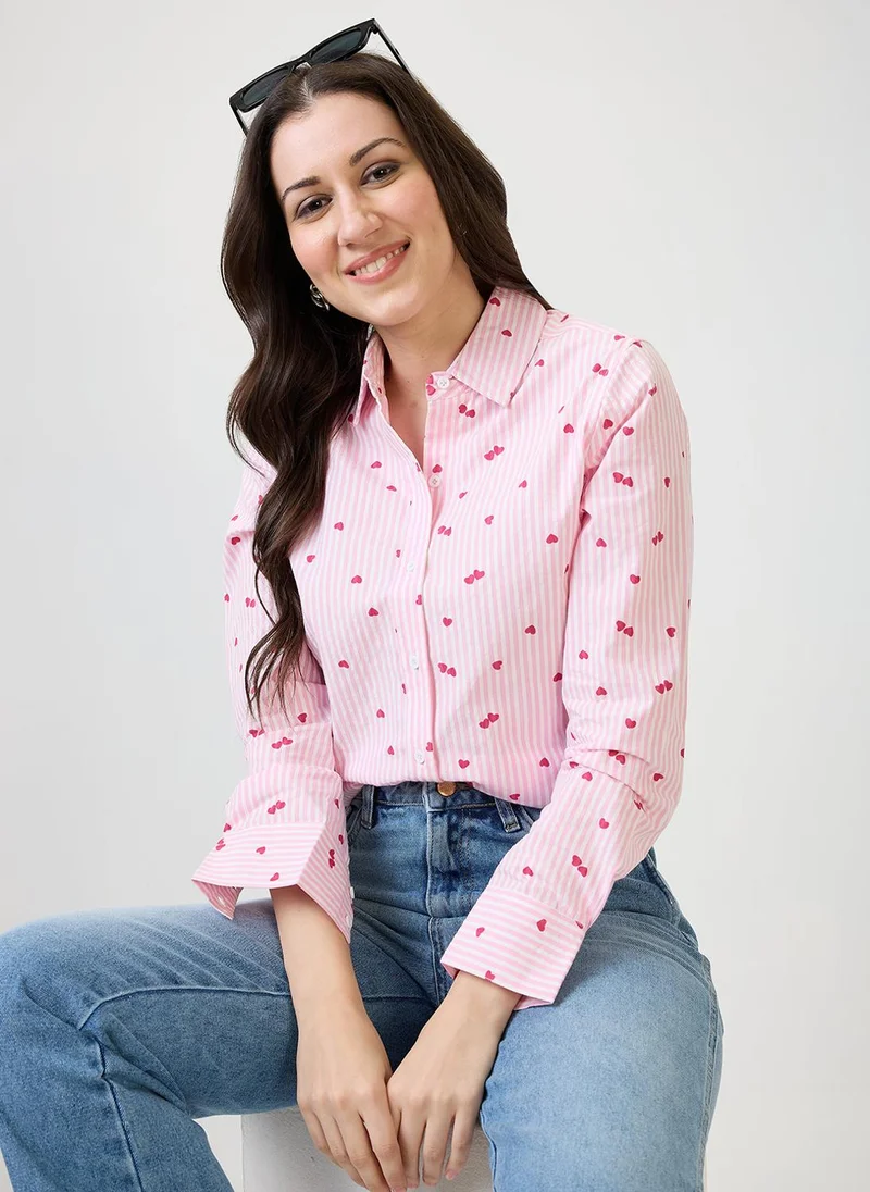 globus Globus Women Pink Hearts Printed Spread Collar Cuff Sleeves Shirt