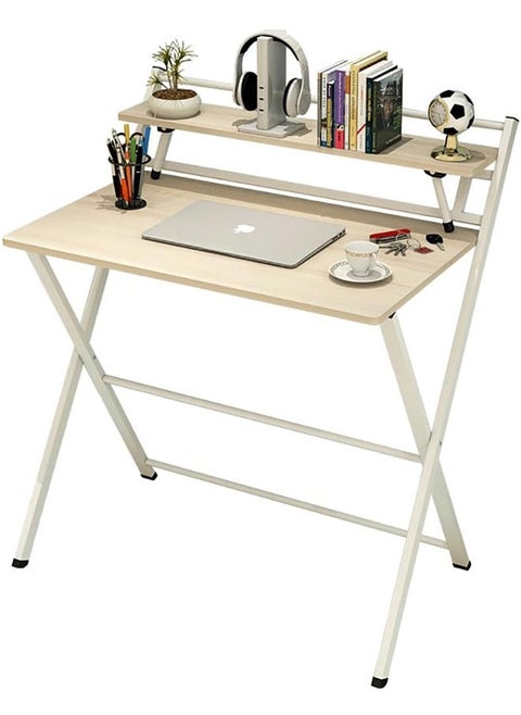 Computer Desk,Portable Folding Laptop Desk,Folding Table with Storage Sheves,Space Saving Home Office Writing Desk,Study Table for Small Space(Maple Wood-100cm)
