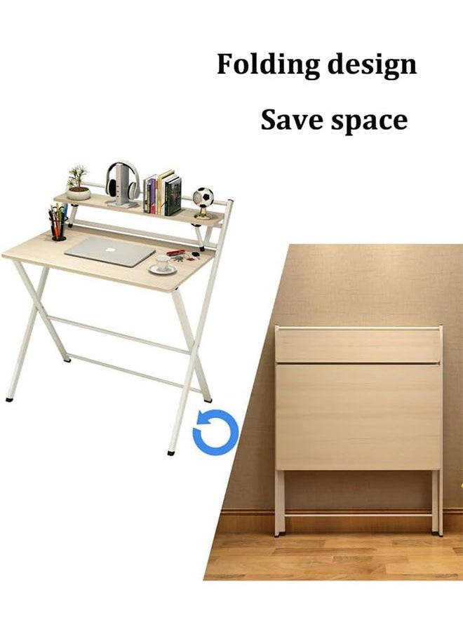 Computer Desk,Portable Folding Laptop Desk,Folding Table with Storage Sheves,Space Saving Home Office Writing Desk,Study Table for Small Space(Maple Wood-100cm)