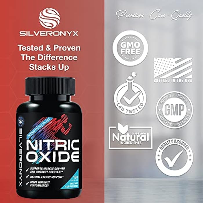 SilverOnyx Extra Strength Nitric Oxide Booster - 3X Strength L-Arginine, Citrulline, & Beta Alanine - Premium Nitric Booster Natural Energy, Muscle & Heart Support, Bottled in USA for Men & Women - 180 Capsules - Image 4