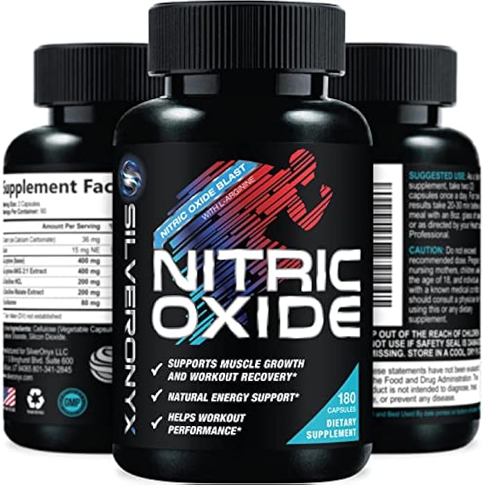 SilverOnyx Extra Strength Nitric Oxide Booster - 3X Strength L-Arginine, Citrulline, & Beta Alanine - Premium Nitric Booster Natural Energy, Muscle & Heart Support, Bottled in USA for Men & Women - 180 Capsules - Image 1