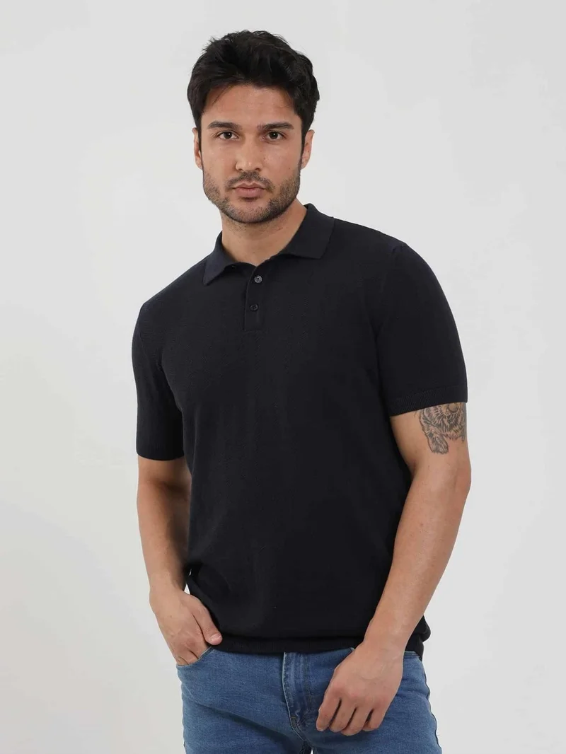 Navy Blue Men's Slim Fit Herringbone Patterned Polo Neck Sweater - 104561