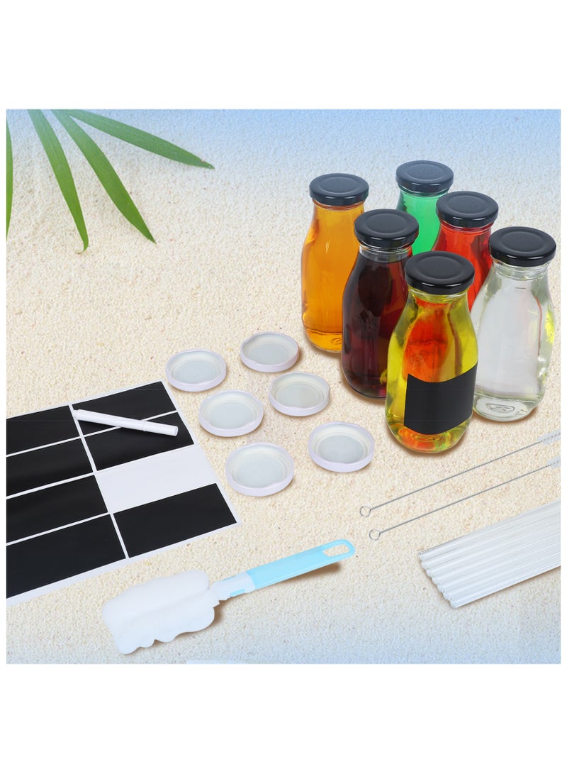6Pack 12oz Glass Milk Bottles with Airtight Lids – Reusable Bottles for Juices, Smoothies, Water, and Cold Beverages – Includes Glass Straws, Labels & Cleaning Brushes