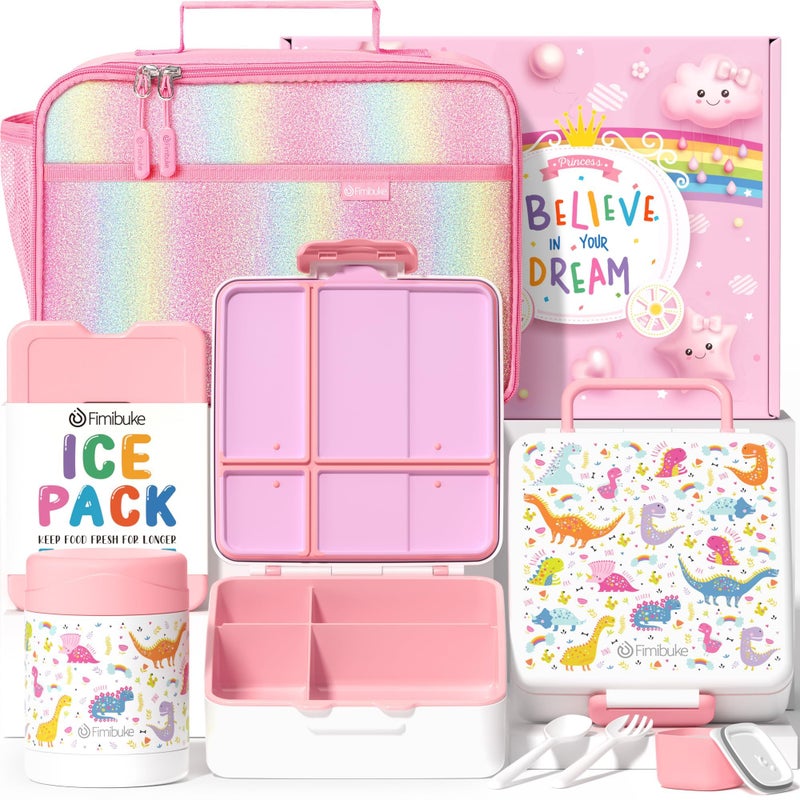 Fimibuke Kids Bento Snack Lunch Box with 4 Compartment Insulated lunch Bag Stainless Steel Vacuum Thermos Food Jar Ice Pack Utensils Set Birthday Gift for Age 312 Back to School Toddler Girl Boy