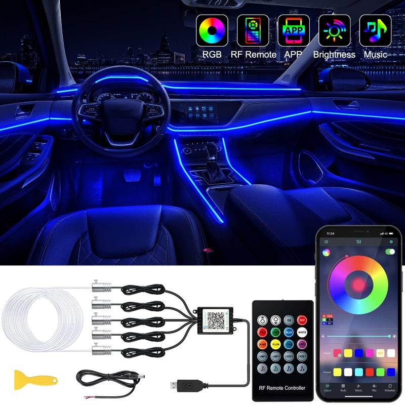 Jushope Interior Car LED Strip Lights with Wireless APP and Remote Control RGB 5 in 1 Ambient Lighting Kits with 236 inches Fiber Optic 16 Million Colors Car Neon Lights Sync to Music