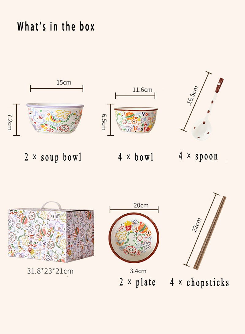 Cartoon Graffiti Ceramic Tableware Set - 4 - Person Dinnerware with Plates, Bowls, Spoons, Colorful Cute Patterns, Ideal for Family Meals & Gifting - Image 2