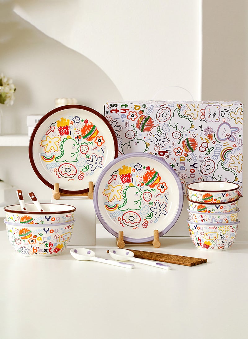 Cartoon Graffiti Ceramic Tableware Set - 4 - Person Dinnerware with Plates, Bowls, Spoons, Colorful Cute Patterns, Ideal for Family Meals & Gifting - Image 1
