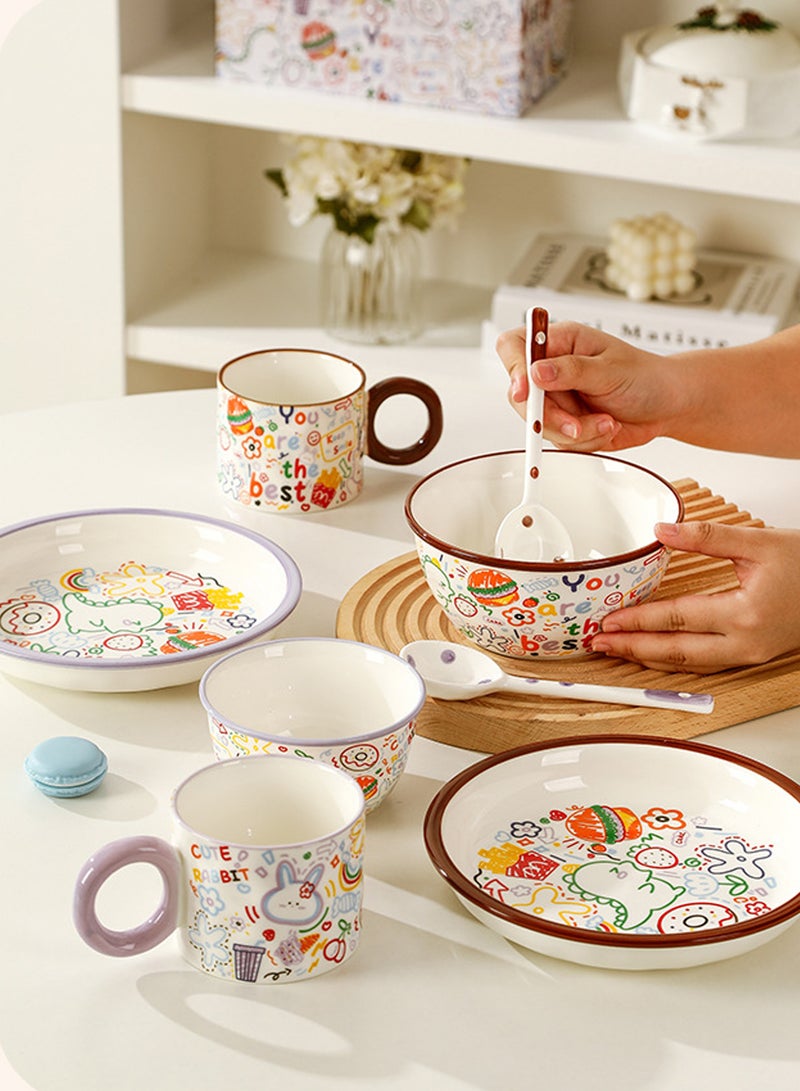 Cartoon Graffiti Ceramic Tableware Set - 4 - Person Dinnerware with Plates, Bowls, Spoons, Colorful Cute Patterns, Ideal for Family Meals & Gifting - Image 3