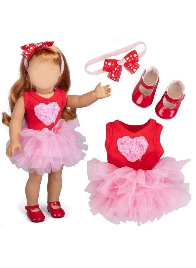 Dress Along Dolly - Pink Heart Doll Outfit (3 Piece Set) Premium Handmade High Quality Costume Clothes And Accessories For 18" Dolls Includes Valentines Day Dress Headband & Shoes Gifts For Girls Kids Birthday - Image 1