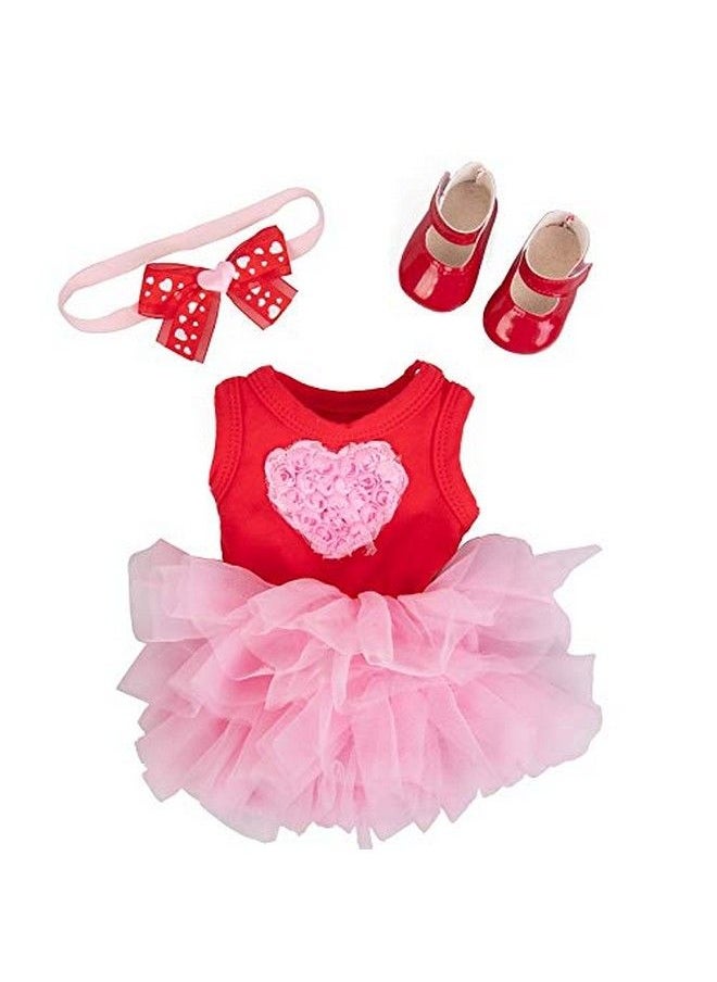 Dress Along Dolly - Pink Heart Doll Outfit (3 Piece Set) Premium Handmade High Quality Costume Clothes And Accessories For 18" Dolls Includes Valentines Day Dress Headband & Shoes Gifts For Girls Kids Birthday - Image 1