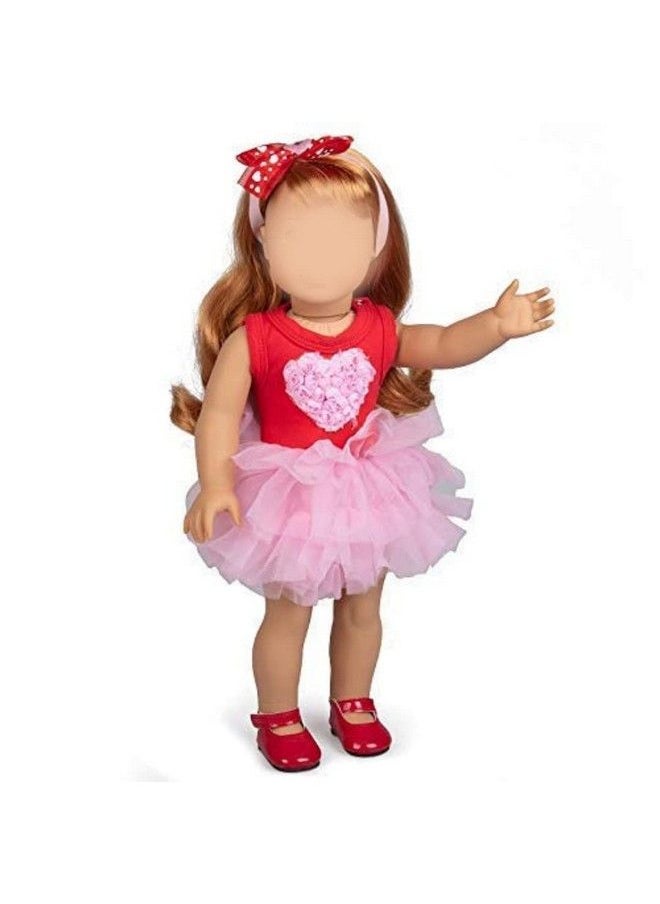 Dress Along Dolly - Pink Heart Doll Outfit (3 Piece Set) Premium Handmade High Quality Costume Clothes And Accessories For 18" Dolls Includes Valentines Day Dress Headband & Shoes Gifts For Girls Kids Birthday - Image 1