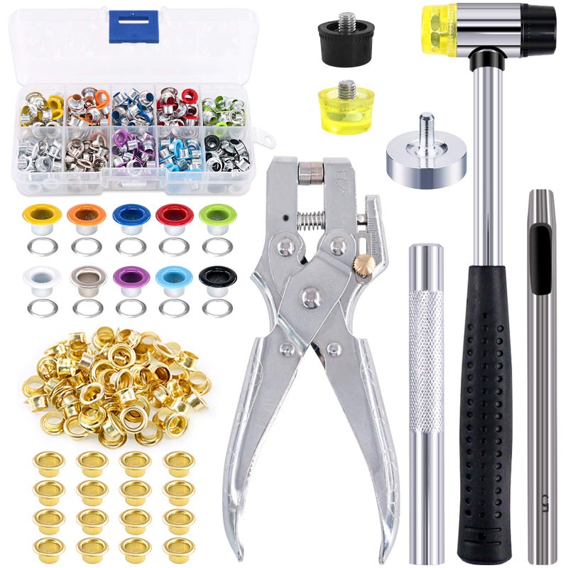 Swpeet 306Pcs 10 Colors 3/16 inch Metal Grommets Kit with Installation Tools, Eyelet Hole Punch Pliers and Soft Mallet with 100Pcs Gold Grommets, Metal Eyelets Kits Shoe Eyelets Grommet Sets - Image 1