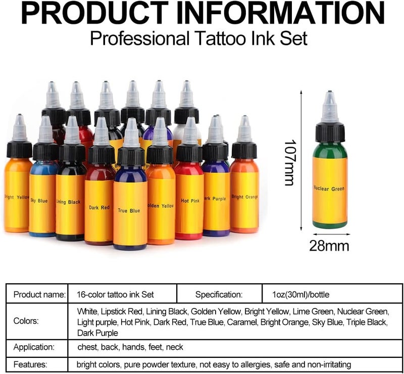 klarako Tattoo Ink Set, 1 oz / Bottle 16 Colors Tattoo Pigment Kit Tattoo and Body Art, 30ml Premium Tattoo Ink Tattoos Liner Shader Body Paint Pigment for Tattoo Artist - Image 2