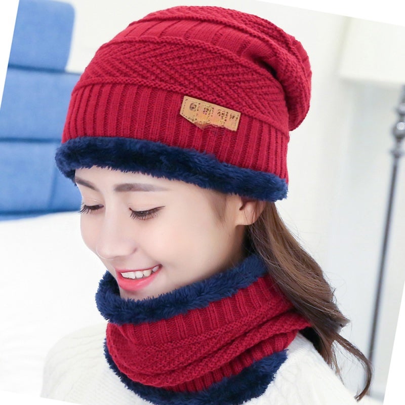 Warm Hat: Dark Red Thicker Cozy Acrylic Knit With Artificial Wool Lining - Ear Protection Cozy Scarf for Outdoor Gear Indoor Comfort Daily Wear - Image 1