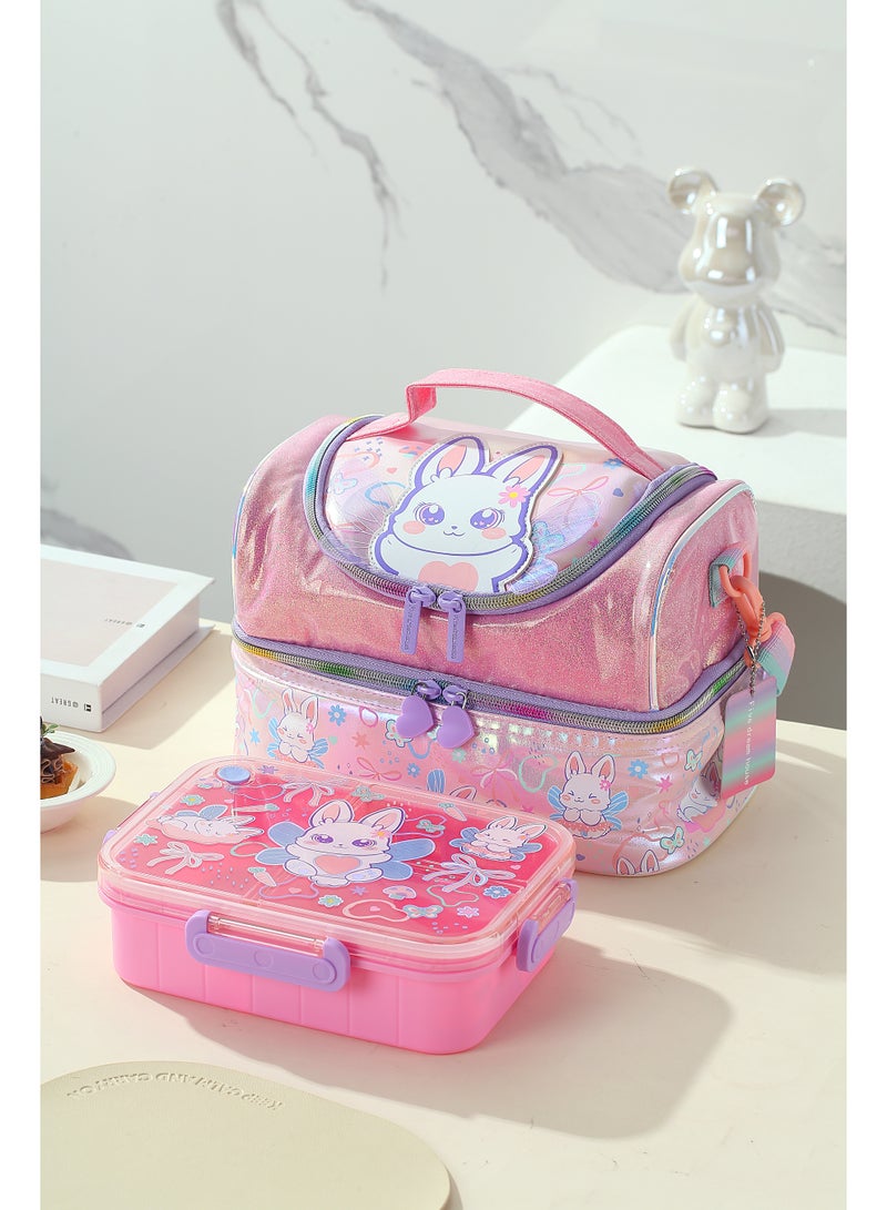 VEST Kids Lunch Bag, Cute Bunny Glitter Insulated Lunch Bag, Portable Double Layer Thermal Lunch Box Bag for Girls 25.5×16.5×17cm - Image 2