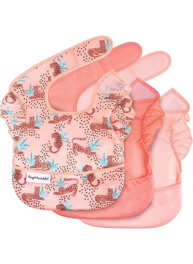 Tiny Twinkle Tiny Twinkle Mess-Proof Baby Bib - Waterproof Bib for Baby Girl - Machine Washable - Adjustable Closure - PVC, BPA, & Phthalate Free - Great for Travel - Baby Food Bibs (3 Pack, Leopard Set)  - Image 1