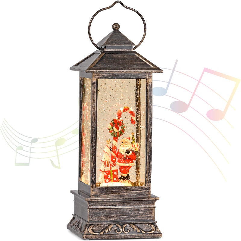 Christmas Musical Snow Globe Lantern 12 Inch Spinning Glittering Lantern with 6 Hours Timer USB Powered  Battery Operated for Christmas Decorations Santa Claus and Candy Cane