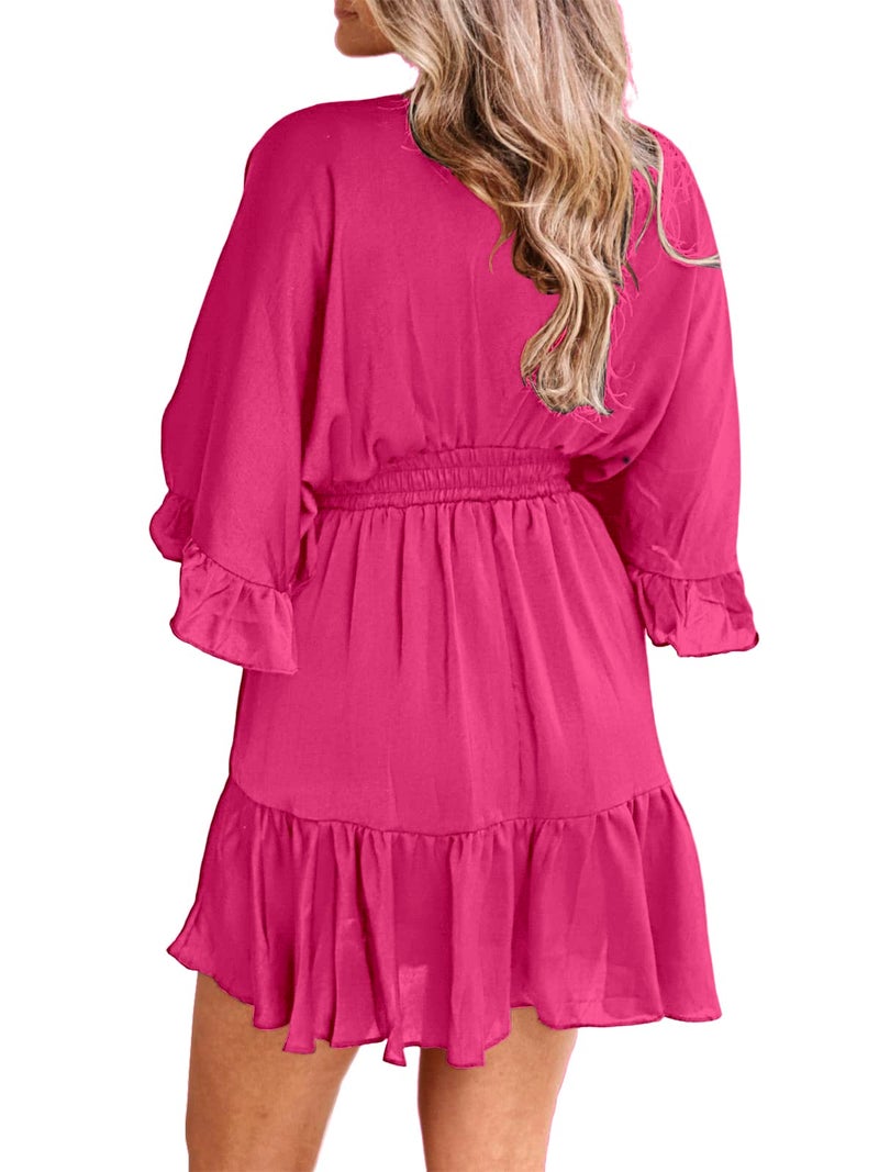 Aoysky Womens V Neck Casual Dresses Summer Loose High Waist Ruffle Pleated Cute Mini Short Dress Hot Pink - Image 4