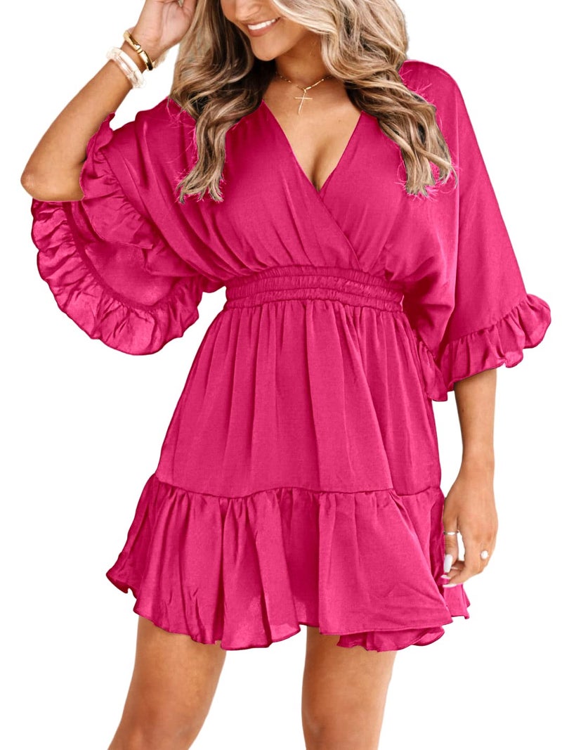 Aoysky Womens V Neck Casual Dresses Summer Loose High Waist Ruffle Pleated Cute Mini Short Dress Hot Pink - Image 1