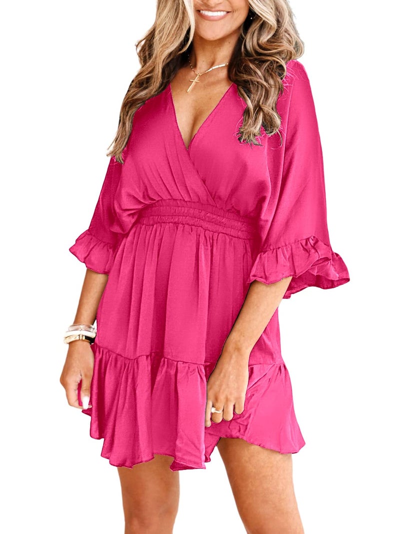 Aoysky Womens V Neck Casual Dresses Summer Loose High Waist Ruffle Pleated Cute Mini Short Dress Hot Pink - Image 2