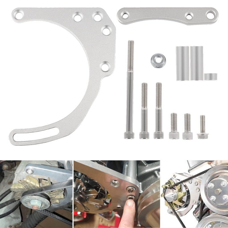 LWP Low Mount Alternator Bracket Double Hump Heads Adjustable Billet Kit for Small Block Chevy SBC 305 327 350 50L 57L V8 Eight Cylinder Long Water Pump Carburetor V Belt