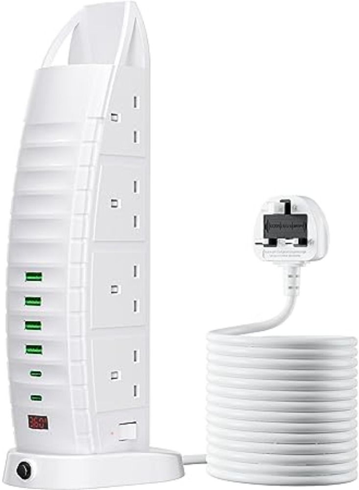 Dream Zone Burj Al Arab Sailboat Shape Tower Extension Lead with USB, 8 Way Outlets 6 USB Fast Charging Ports (2 Type C and 4 USB Ports) 3.6A Multi Plug Extension Cord Socket 2M Cable, Vertical Power Strip - Image 1