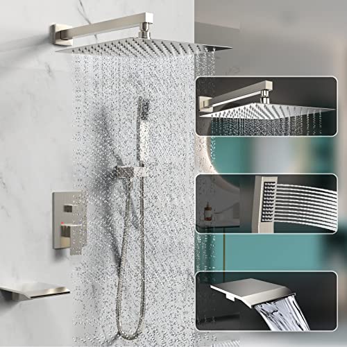 Dlvsoby Shower System Rain Shower Faucet Set with Tub Spout,10 inch Bathroom Wall Mounted Waterfall Bathtub Faucet with Handheld Spray and Rough-in Valve Body and Trim kit,Brushed Nickel - Image 2
