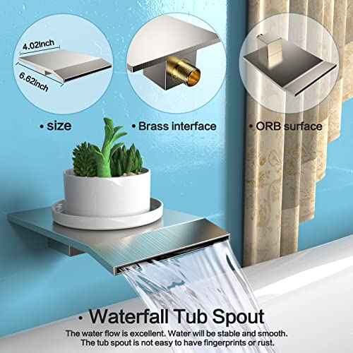 Dlvsoby Shower System Rain Shower Faucet Set with Tub Spout,10 inch Bathroom Wall Mounted Waterfall Bathtub Faucet with Handheld Spray and Rough-in Valve Body and Trim kit,Brushed Nickel - Image 4