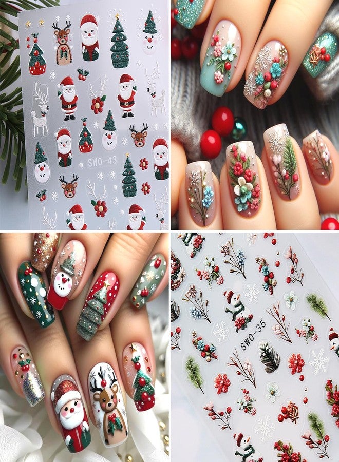 KZBTRBT Christmas Nail Art Stickers 3D Embossed Holly Sprig Bow Nail Decals Self-Adhesive Gingerbread Man Xmas Tree Designs Nail Stickers Santa Claus Elk Nail Decal Snowmen Flower Nail Sticker for Women - Image 3