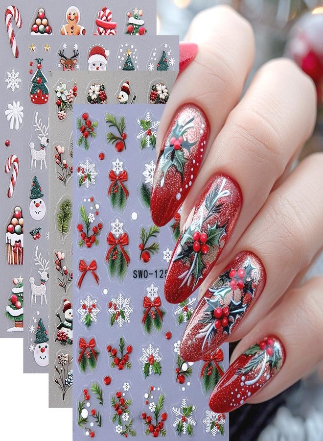 KZBTRBT Christmas Nail Art Stickers 3D Embossed Holly Sprig Bow Nail Decals Self-Adhesive Gingerbread Man Xmas Tree Designs Nail Stickers Santa Claus Elk Nail Decal Snowmen Flower Nail Sticker for Women - Image 1