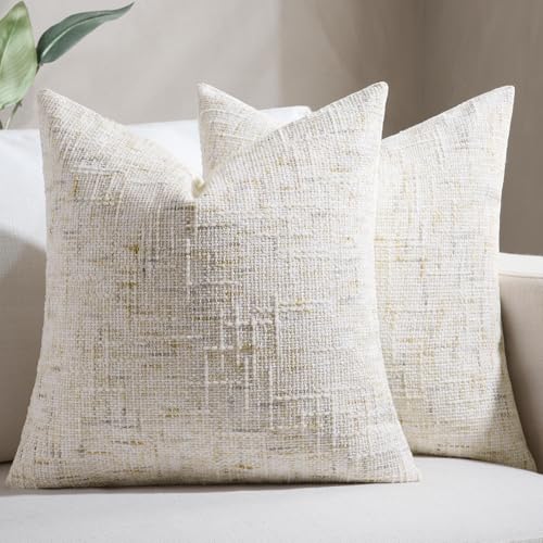 Softalker Beige Chenille Throw Pillow Covers Farmhouse 18 x 18 Inch Set of 2 Spring Cream Boho Decorative Textured Neutral Boho Pillow Covers Easter Valentine Gift for Couch Sofa Bed Living Room - Image 1