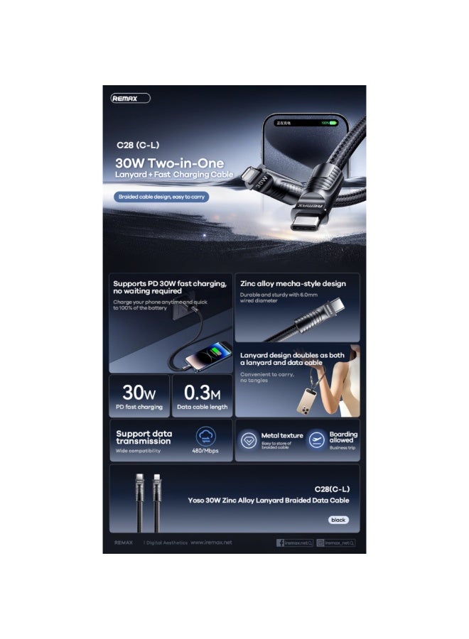 ريماكس كابل شحن سريع C28 من Type-C إلى Lightning بقوة 30 وات، تصميم مضفر من سبائك الزنك بطول 0.3 متر مع سرعة نقل بيانات 480 ميجابت في الثانية، متين وقابل للحمل على طراز Mecha - Image 3