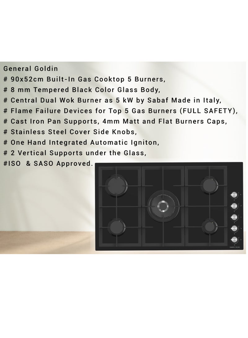 جنرال جولدن طباخ جنرال جولدن الزجاجي المدمج الأسود ذو 5 شعلات، 90×52 سم، أمان تام، إشعال ذاتي، حامل مقلاة من الحديد المقوى ، مادة عالية الجودة - Image 3