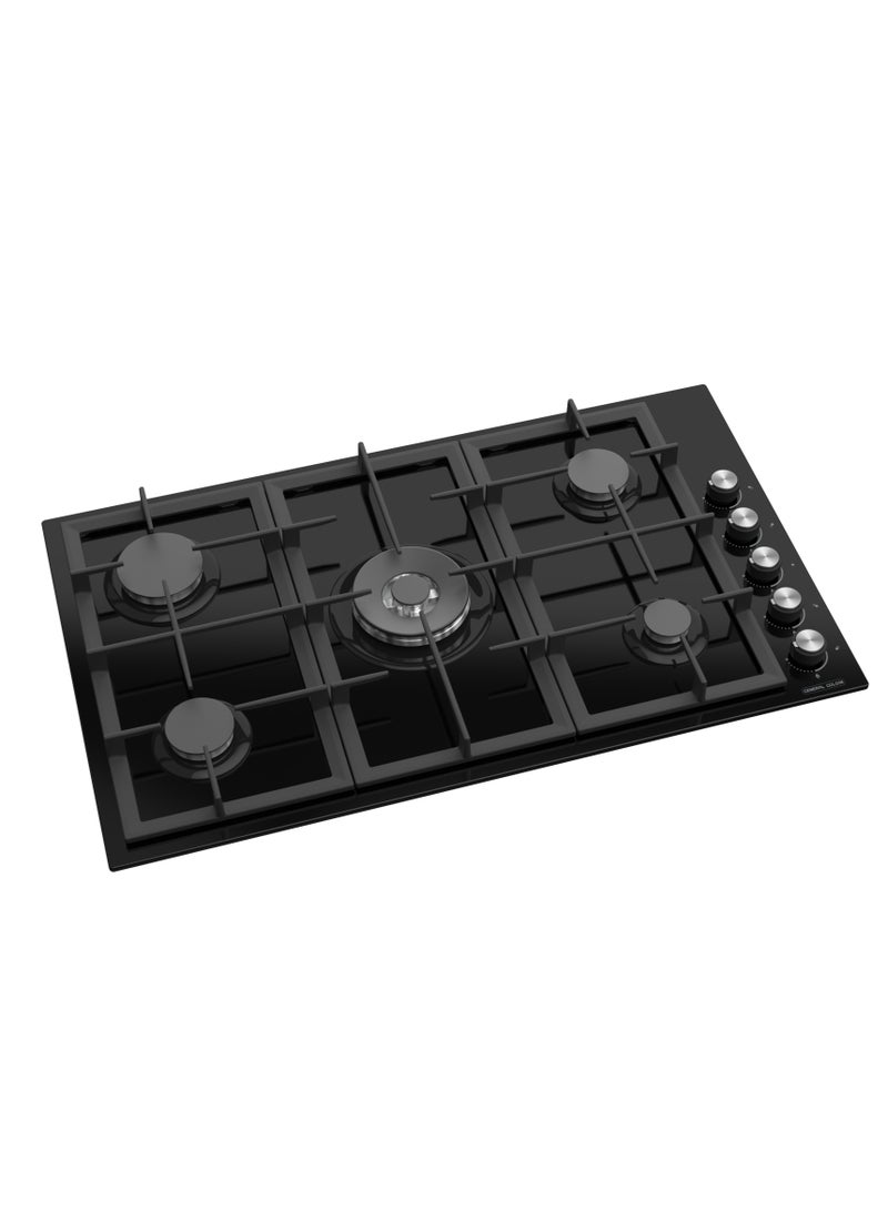 جنرال جولدن طباخ جنرال جولدن الزجاجي المدمج الأسود ذو 5 شعلات، 90×52 سم، أمان تام، إشعال ذاتي، حامل مقلاة من الحديد المقوى ، مادة عالية الجودة - Image 2